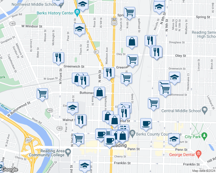 map of restaurants, bars, coffee shops, grocery stores, and more near 434 Woodward Street in Reading