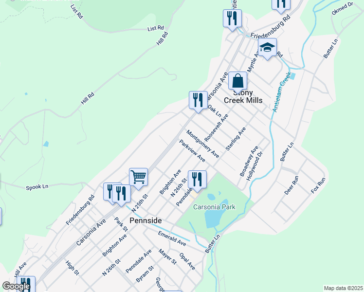 map of restaurants, bars, coffee shops, grocery stores, and more near 923 Carsonia Avenue in Reading