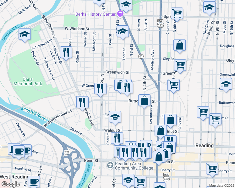 map of restaurants, bars, coffee shops, grocery stores, and more near 437R North 2nd Street in Reading
