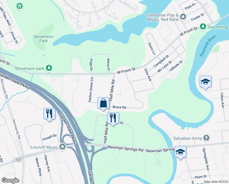 map of restaurants, bars, coffee shops, grocery stores, and more near 2 Camelot Court in Red Bank