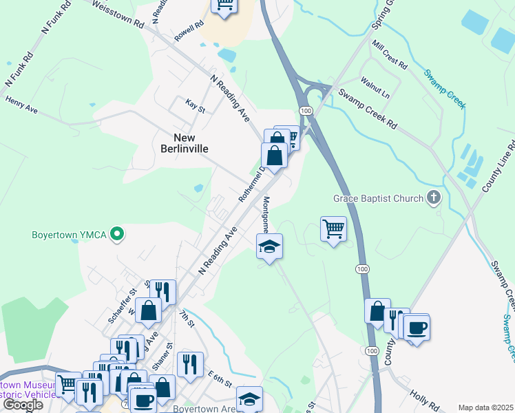 map of restaurants, bars, coffee shops, grocery stores, and more near 648 North Reading Avenue in Boyertown