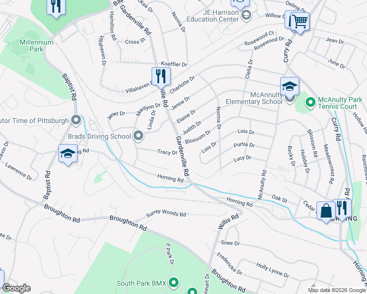 map of restaurants, bars, coffee shops, grocery stores, and more near in Bethel Park