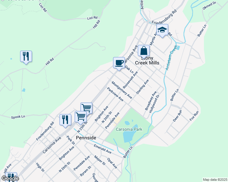 map of restaurants, bars, coffee shops, grocery stores, and more near 115 Parkview Avenue in Reading