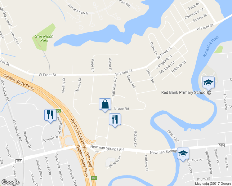 map of restaurants, bars, coffee shops, grocery stores, and more near 2 Camelot Court in Red Bank