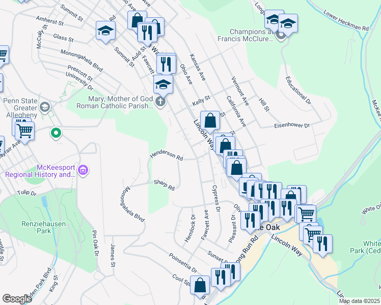 map of restaurants, bars, coffee shops, grocery stores, and more near 1904 Fawcett Avenue in White Oak
