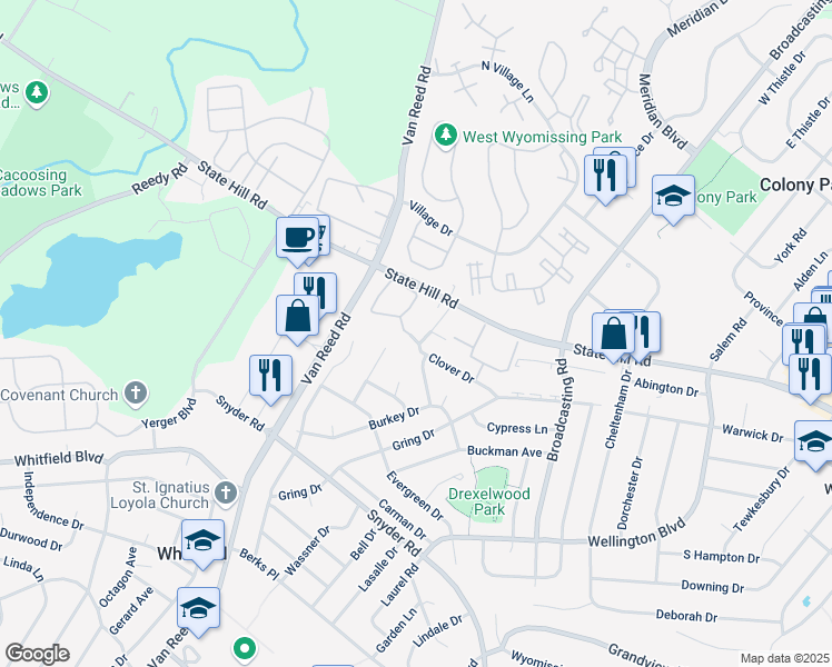 map of restaurants, bars, coffee shops, grocery stores, and more near 2034 Franklin Place in Wyomissing