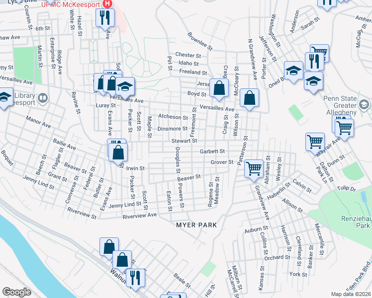 map of restaurants, bars, coffee shops, grocery stores, and more near 1510 Douglas Street in McKeesport