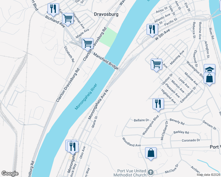 map of restaurants, bars, coffee shops, grocery stores, and more near 702 Monongahela Avenue North in Glassport
