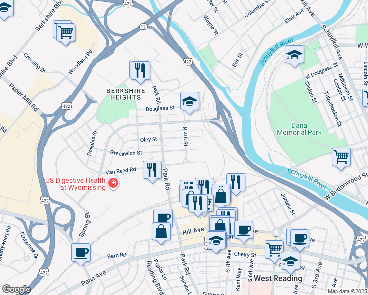 map of restaurants, bars, coffee shops, grocery stores, and more near 401 East Greenwich Street in Wyomissing