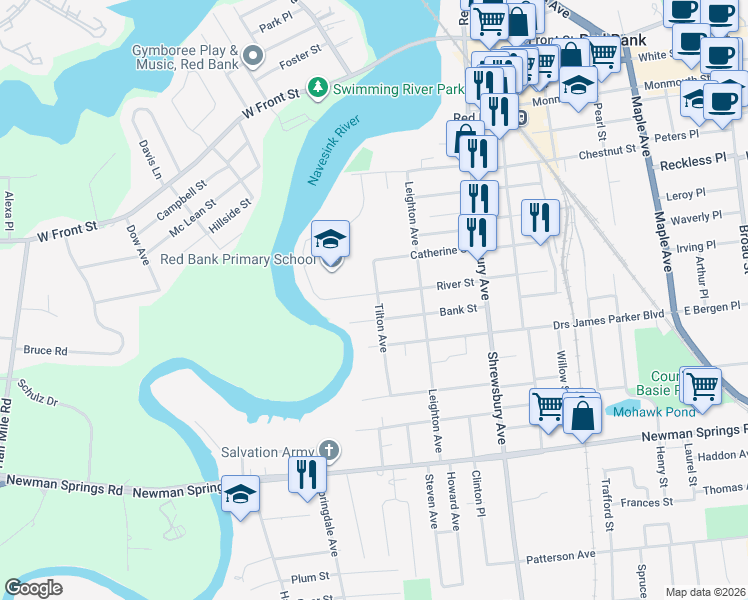 map of restaurants, bars, coffee shops, grocery stores, and more near 30 Tilton Avenue in Red Bank
