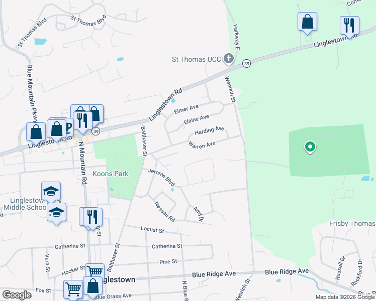 map of restaurants, bars, coffee shops, grocery stores, and more near 6225 Warren Avenue in Harrisburg