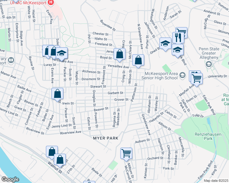 map of restaurants, bars, coffee shops, grocery stores, and more near 1510 Meadow Street in McKeesport