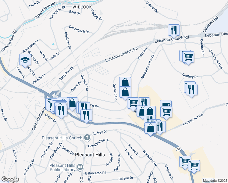 map of restaurants, bars, coffee shops, grocery stores, and more near 321 Orchard Drive in Pleasant Hills