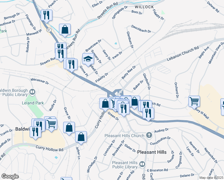 map of restaurants, bars, coffee shops, grocery stores, and more near 51 Pennsylvania 51 in Pittsburgh