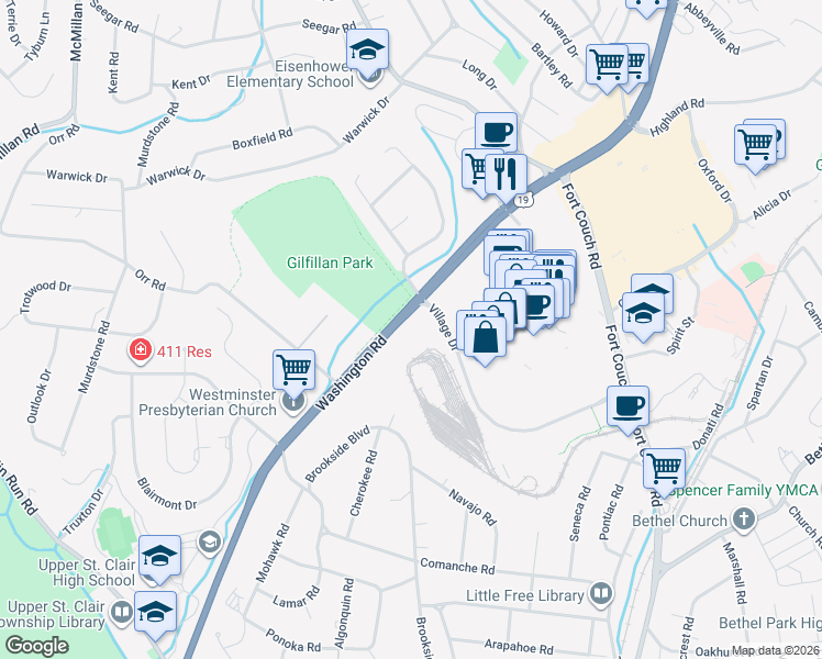 map of restaurants, bars, coffee shops, grocery stores, and more near 500 Village Drive in Pittsburgh