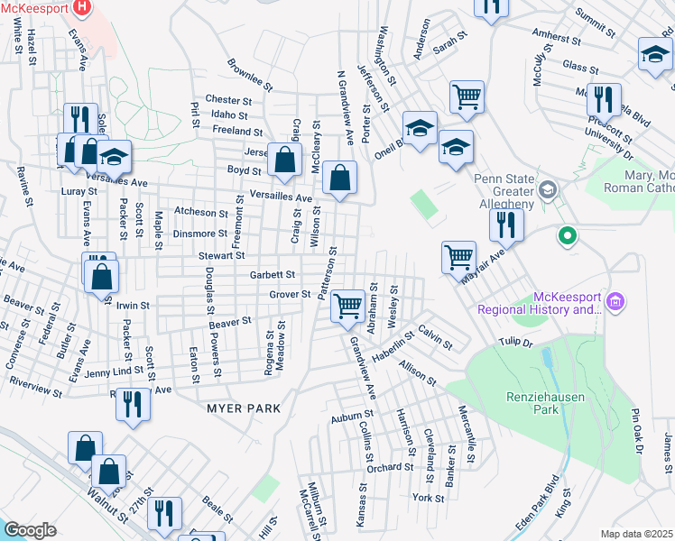 map of restaurants, bars, coffee shops, grocery stores, and more near 3407 Garbett Street in McKeesport