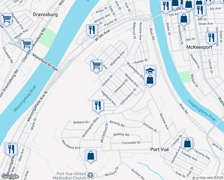 map of restaurants, bars, coffee shops, grocery stores, and more near 915 Pleasant Avenue in McKeesport