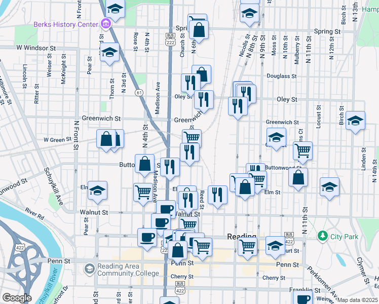 map of restaurants, bars, coffee shops, grocery stores, and more near 436 North 6th Street in Reading