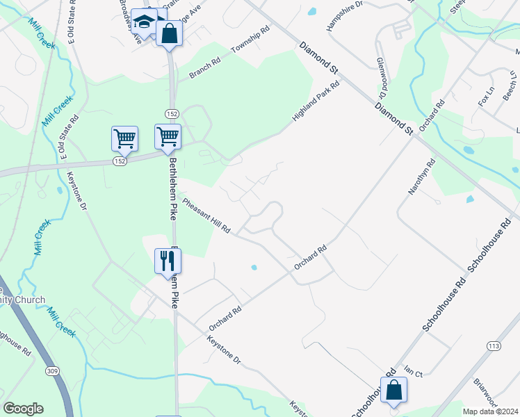 map of restaurants, bars, coffee shops, grocery stores, and more near 90 Robin Lane in Sellersville