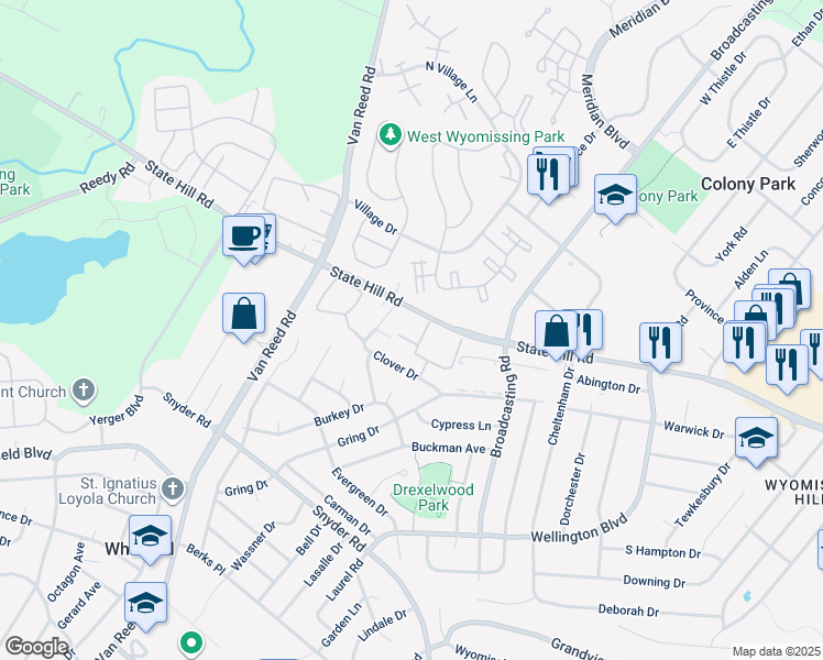 map of restaurants, bars, coffee shops, grocery stores, and more near 2912 State Hill Road in Wyomissing