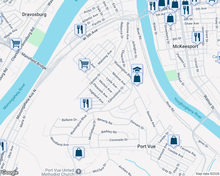 map of restaurants, bars, coffee shops, grocery stores, and more near 1009 Morton Avenue in McKeesport