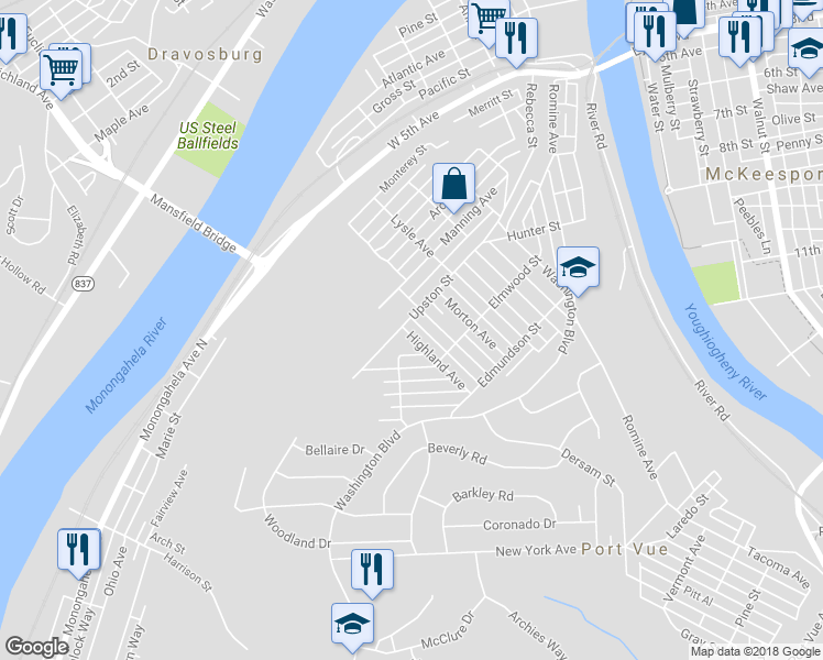 map of restaurants, bars, coffee shops, grocery stores, and more near 905 Highland Avenue in McKeesport