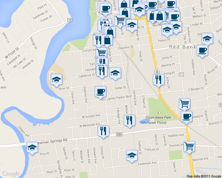 map of restaurants, bars, coffee shops, grocery stores, and more near 232 S Bridge Ave in Red Bank