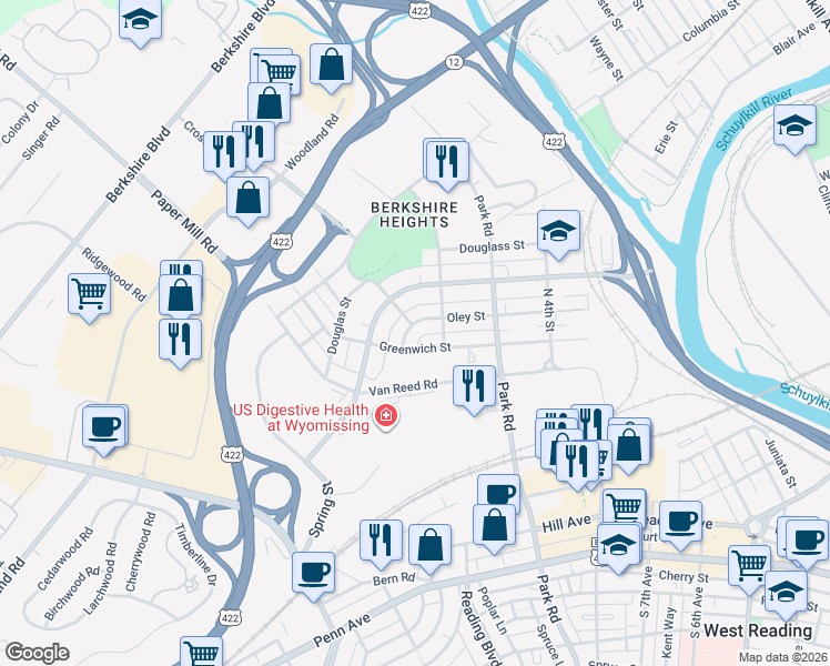 map of restaurants, bars, coffee shops, grocery stores, and more near 608 Oley Street in Wyomissing