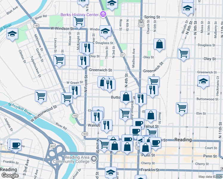 map of restaurants, bars, coffee shops, grocery stores, and more near 428 North 3rd Street in Reading