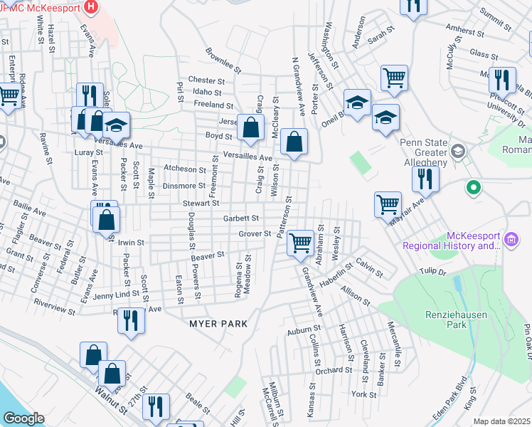 map of restaurants, bars, coffee shops, grocery stores, and more near 3301 Garbett Street in McKeesport