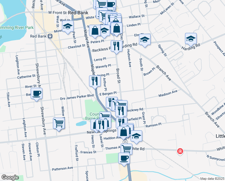 map of restaurants, bars, coffee shops, grocery stores, and more near 188 East Bergen Place in Red Bank