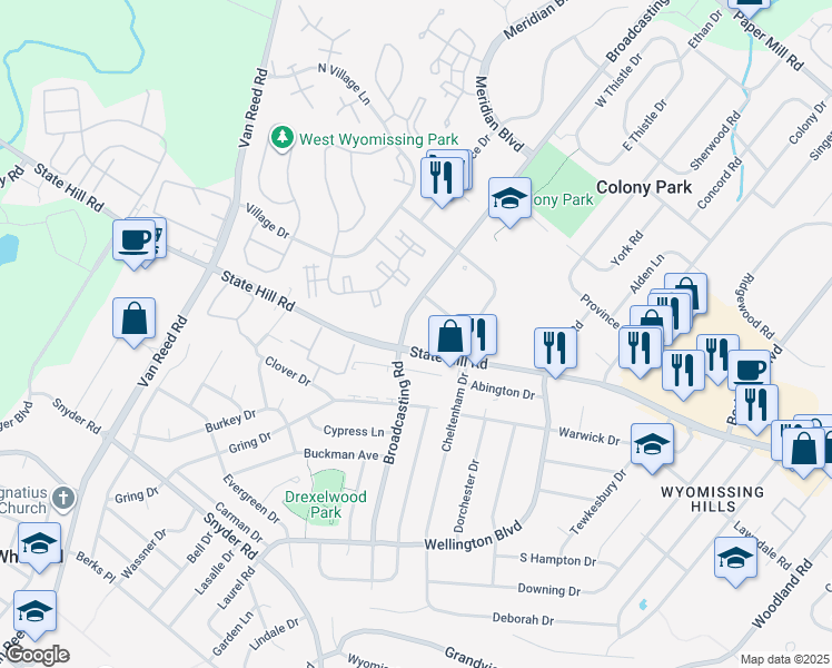 map of restaurants, bars, coffee shops, grocery stores, and more near 2650 Westview Drive in Wyomissing