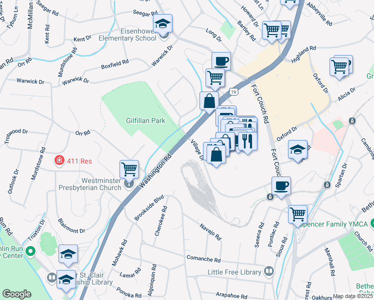 map of restaurants, bars, coffee shops, grocery stores, and more near 500 Village Drive in Pittsburgh