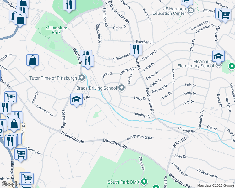 map of restaurants, bars, coffee shops, grocery stores, and more near 5670 Marilynn Drive in Pittsburgh