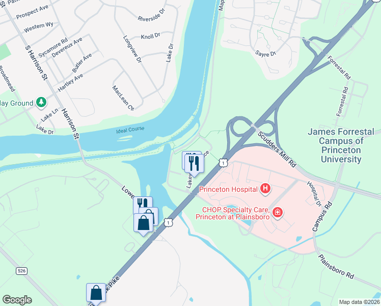 map of restaurants, bars, coffee shops, grocery stores, and more near 502 Lakeview Terrace in Princeton