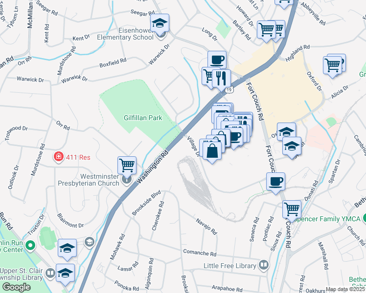 map of restaurants, bars, coffee shops, grocery stores, and more near 500 Village Drive in Pittsburgh