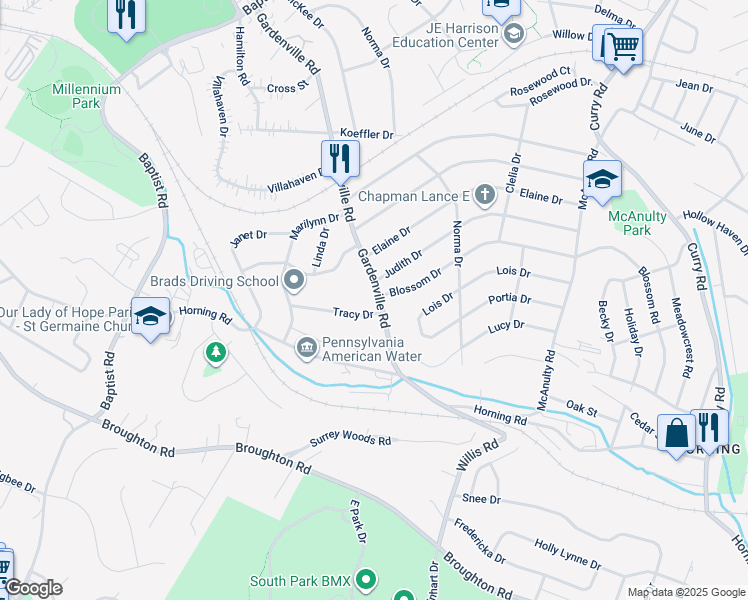 map of restaurants, bars, coffee shops, grocery stores, and more near 5010 Gardenville Road in Pittsburgh