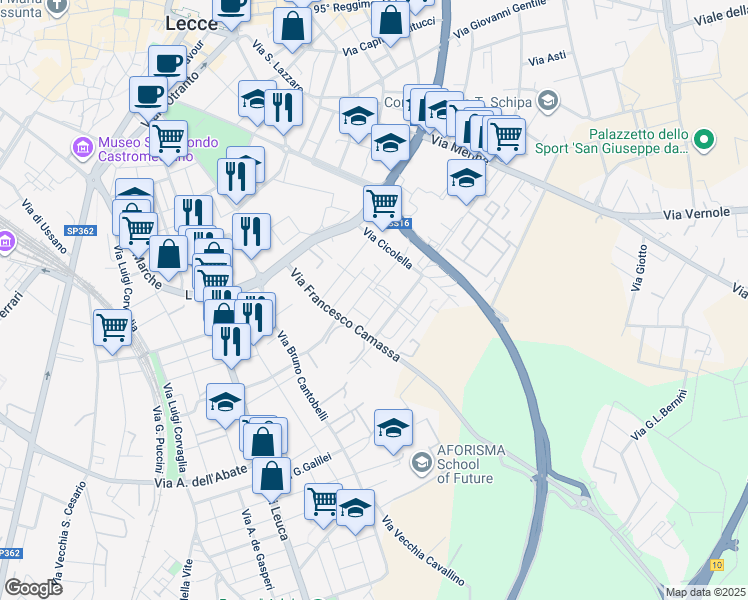 map of restaurants, bars, coffee shops, grocery stores, and more near 4 Via Paolo VI in Lecce