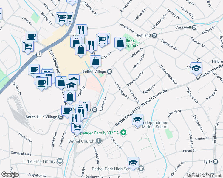 map of restaurants, bars, coffee shops, grocery stores, and more near 194 Spartan Dr in Bethel Park