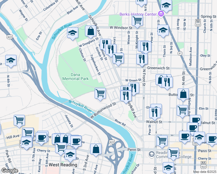 map of restaurants, bars, coffee shops, grocery stores, and more near 358 West Green Street in Reading