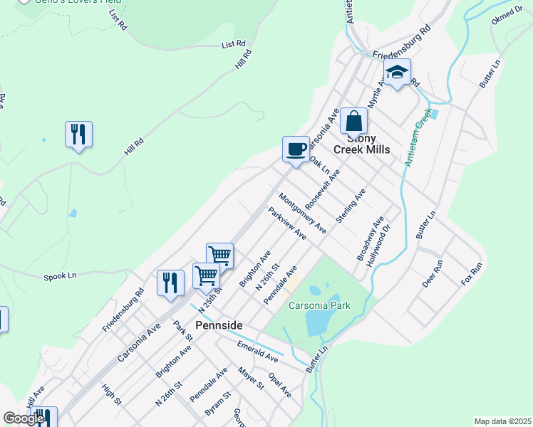 map of restaurants, bars, coffee shops, grocery stores, and more near 923 Carsonia Avenue in Reading