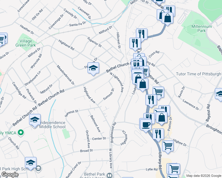map of restaurants, bars, coffee shops, grocery stores, and more near 2500 Summit St in Bethel Park