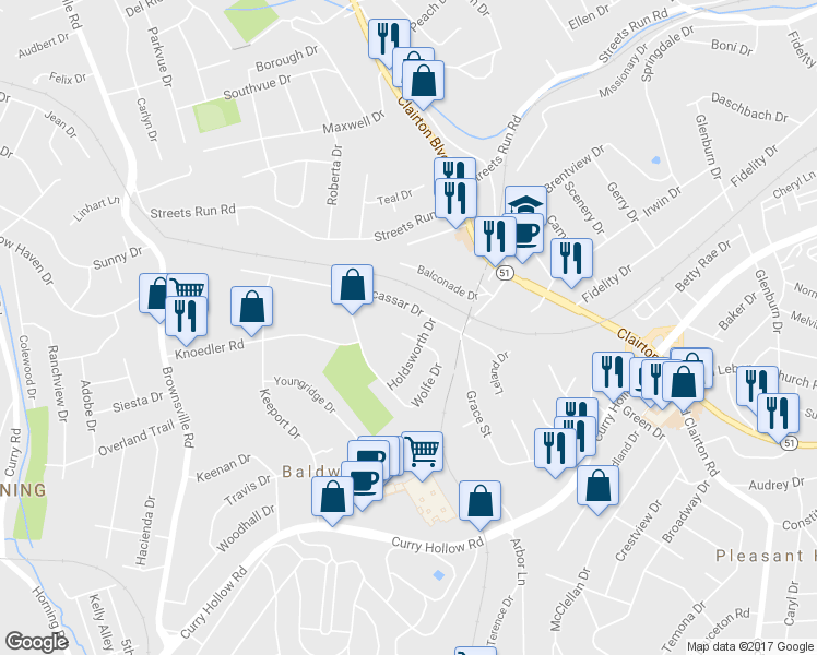 map of restaurants, bars, coffee shops, grocery stores, and more near 5512 Wolfe Drive in Pittsburgh