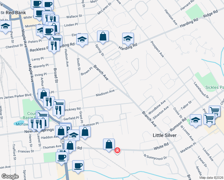 map of restaurants, bars, coffee shops, grocery stores, and more near 95 Madison Avenue in Red Bank
