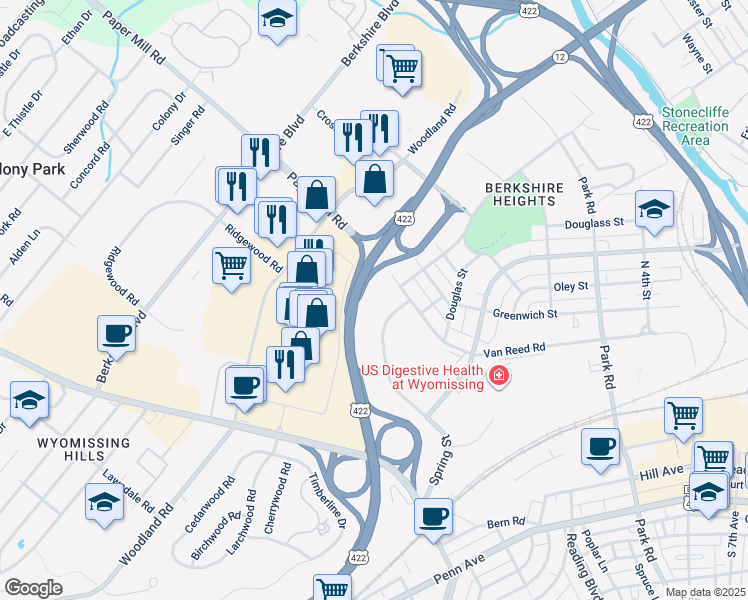 map of restaurants, bars, coffee shops, grocery stores, and more near 1045 Spring Street in Wyomissing