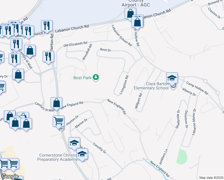 map of restaurants, bars, coffee shops, grocery stores, and more near 411 Livingston Rd in West Mifflin