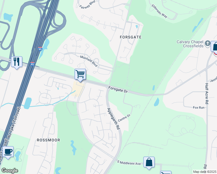 map of restaurants, bars, coffee shops, grocery stores, and more near Applegarth Road & Forsgate Drive in Monroe Township