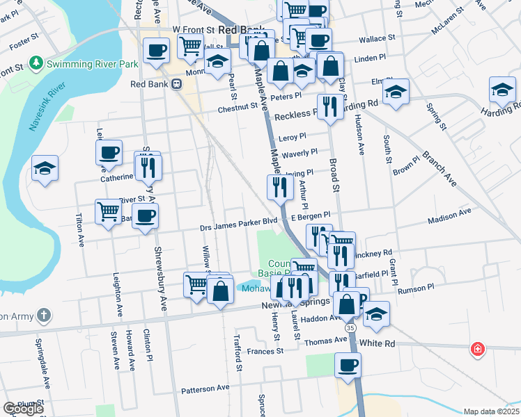 map of restaurants, bars, coffee shops, grocery stores, and more near 244 New Jersey 35 in Red Bank