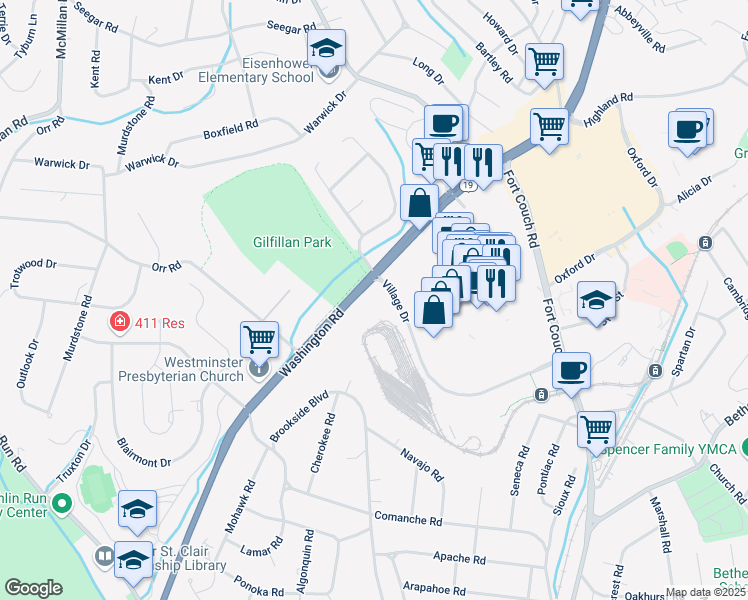 map of restaurants, bars, coffee shops, grocery stores, and more near 500 Village Drive in Pittsburgh