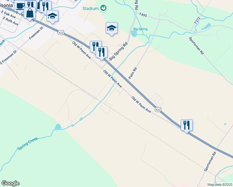 map of restaurants, bars, coffee shops, grocery stores, and more near 210 Old West Penn Avenue in Wernersville